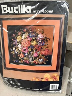 Bucilla Floral Needlepoint Kit with Orange Border and Multicolor Bouquet